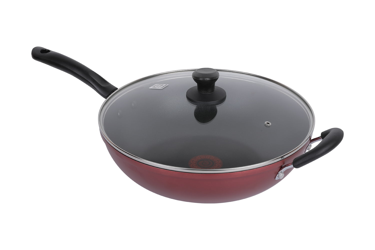 CF32C-CJ772 Flaming Wok-با درب شیشه ای تقلیدی دایکاست چاپ با نقطه قرمز شعله ور 32 wok نچسب