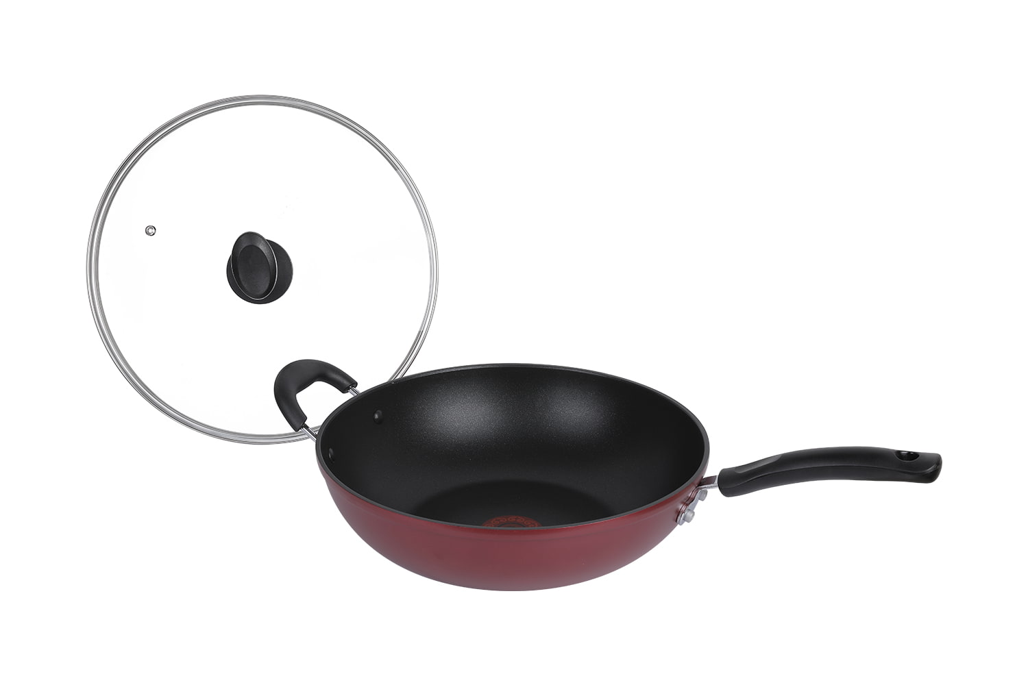 CF32C-CJ772 Flaming Wok-با درب شیشه ای تقلیدی دایکاست چاپ با نقطه قرمز شعله ور 32 wok نچسب